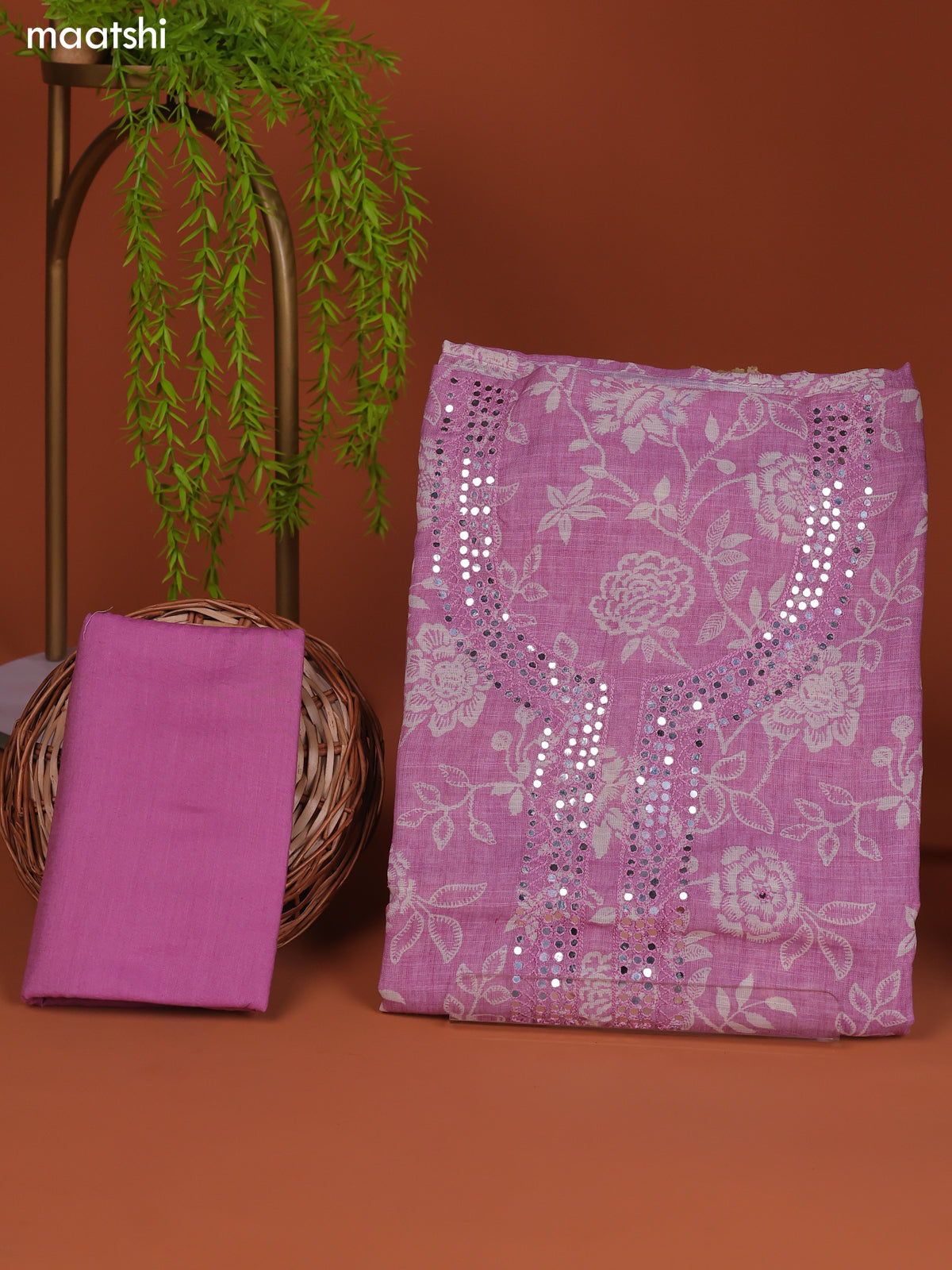 Lotus Pink Linen Cotton Dress Material Prints & Embroidery Work Neck Pattern