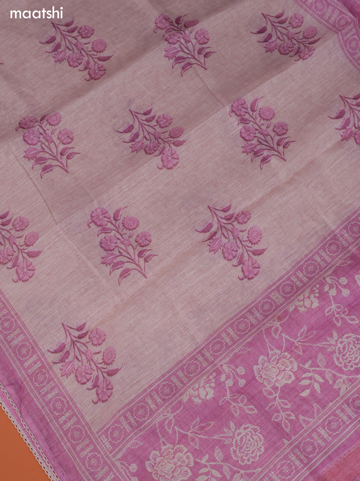 Lotus Pink Linen Cotton Dress Material Prints & Embroidery Work Neck Pattern