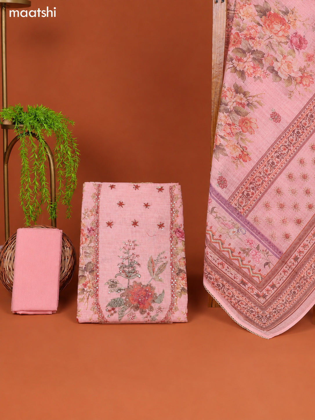 Pastel Pink Linen Cotton Dress Material Prints & Embroidery Work Neck Pattern