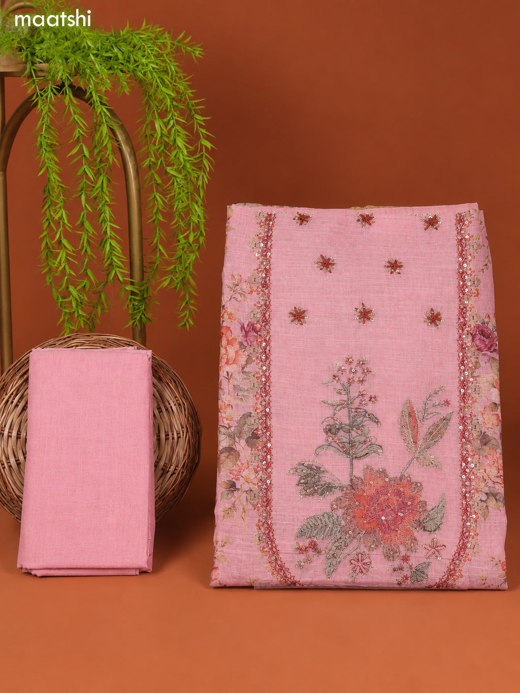 Pastel Pink Linen Cotton Dress Material Prints & Embroidery Work Neck Pattern