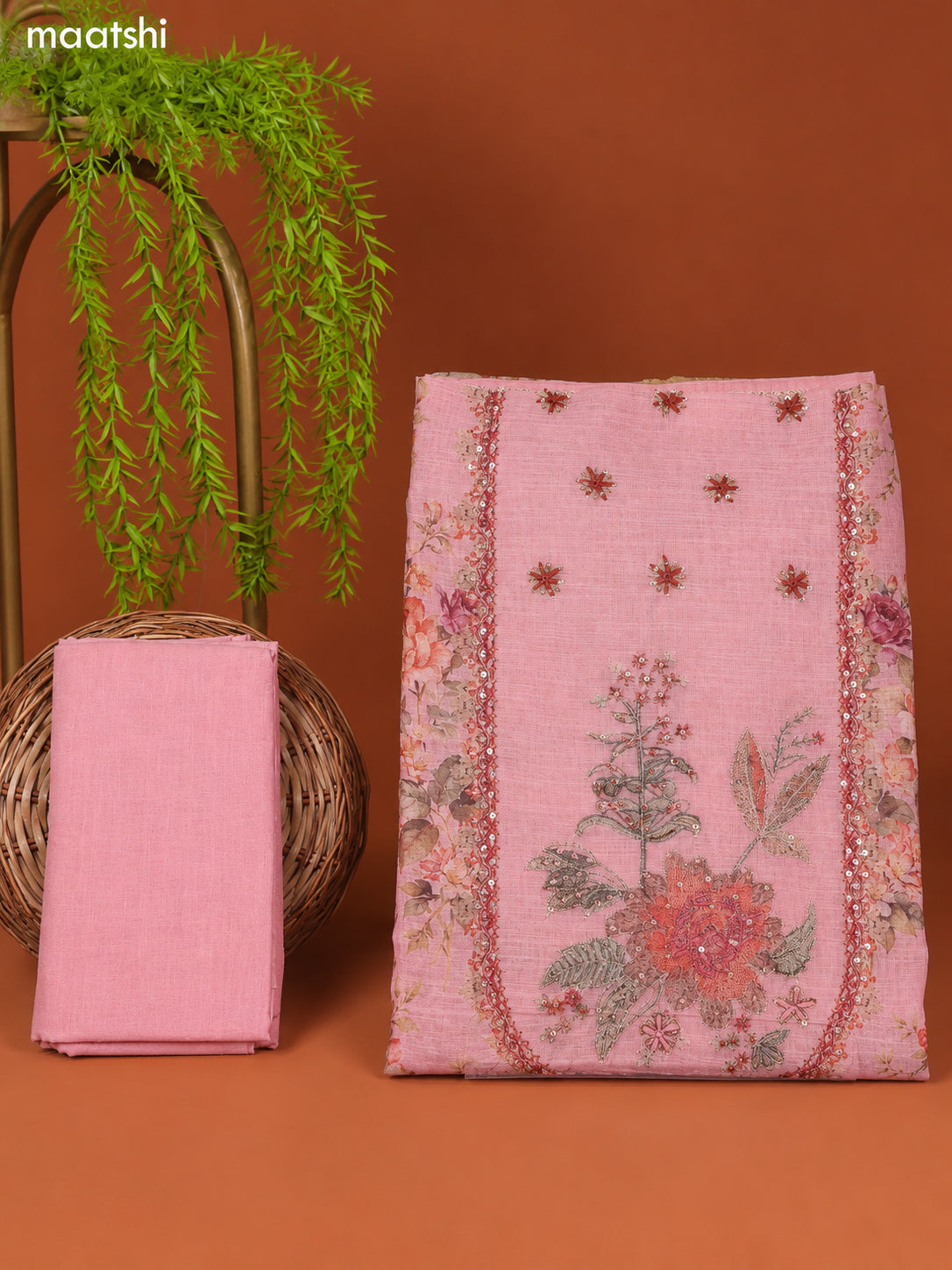 Pastel Pink Linen Cotton Dress Material Prints & Embroidery Work Neck Pattern