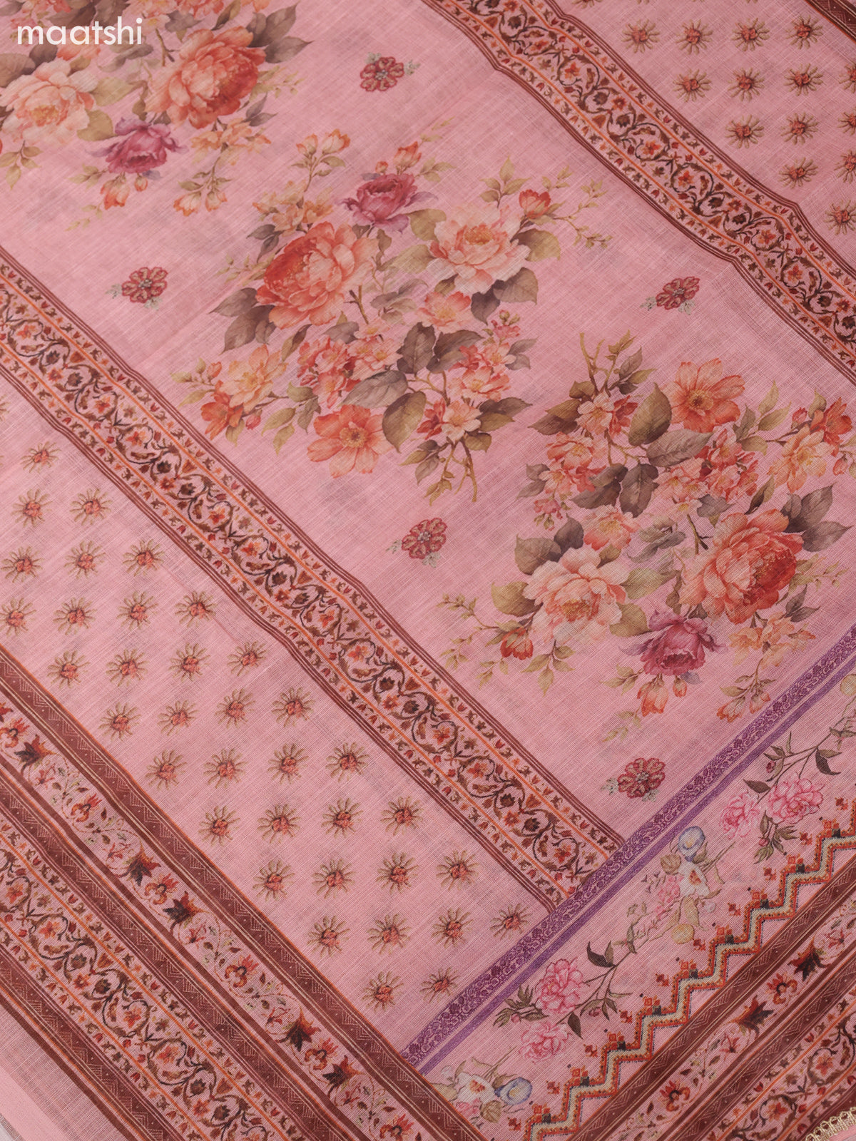 Pastel Pink Linen Cotton Dress Material Prints & Embroidery Work Neck Pattern