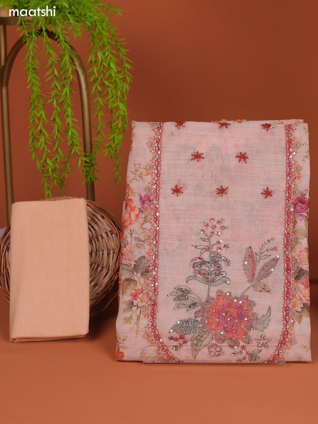 Peach Linen Cotton Dress Material Prints & Embroidery Work Neck Pattern