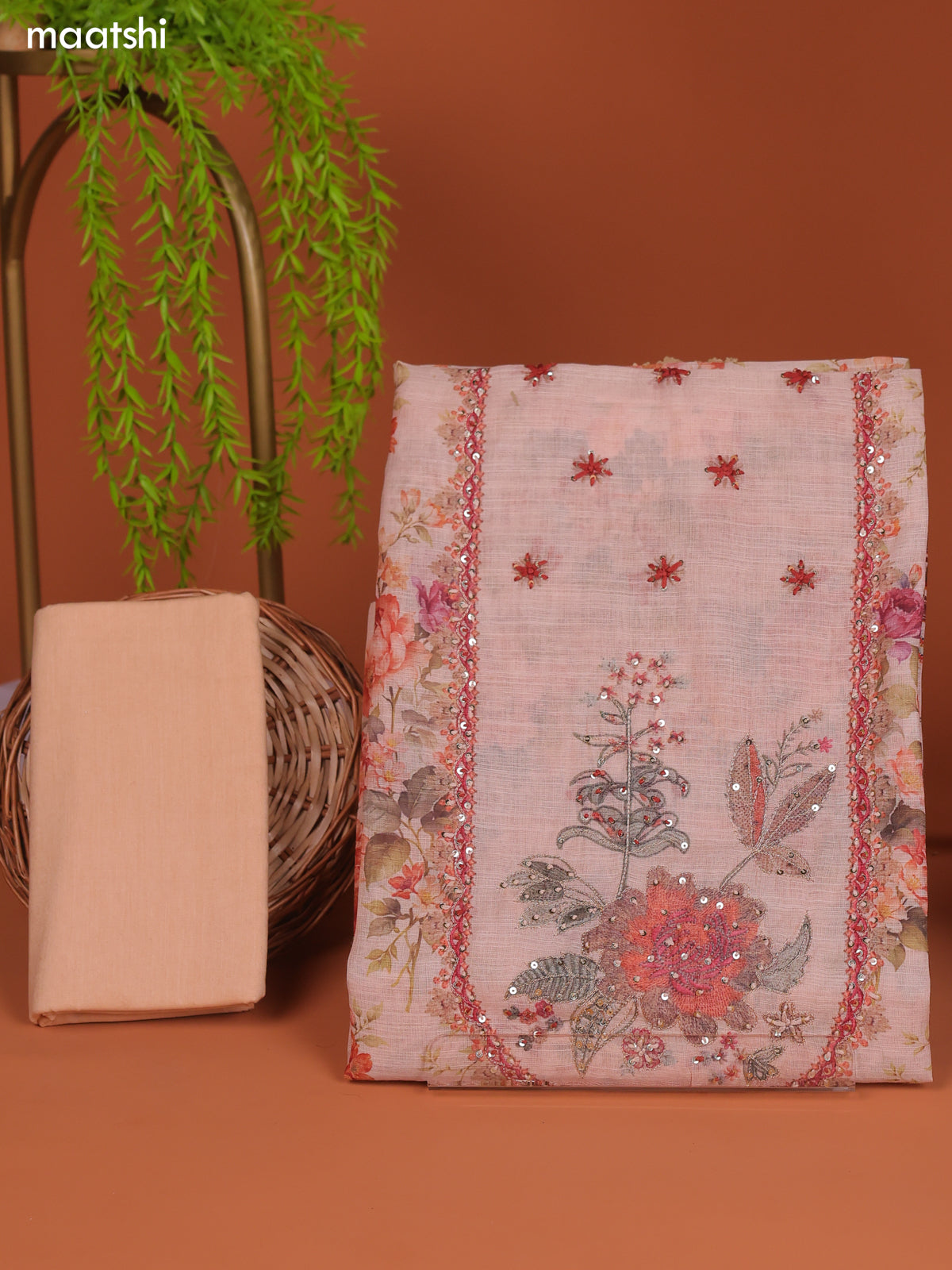 Peach Linen Cotton Dress Material Prints & Embroidery Work Neck Pattern