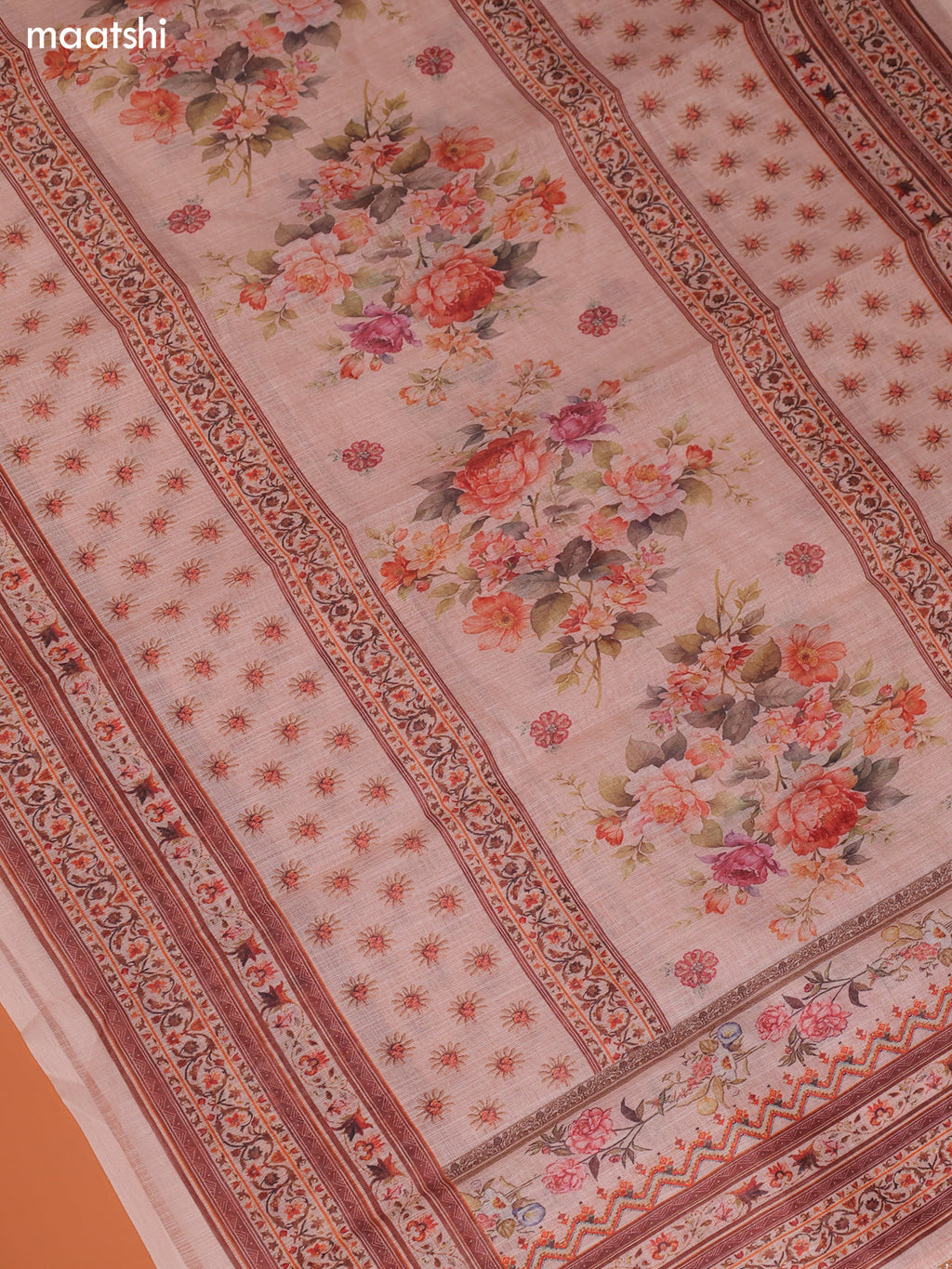 Peach Linen Cotton Dress Material Prints & Embroidery Work Neck Pattern