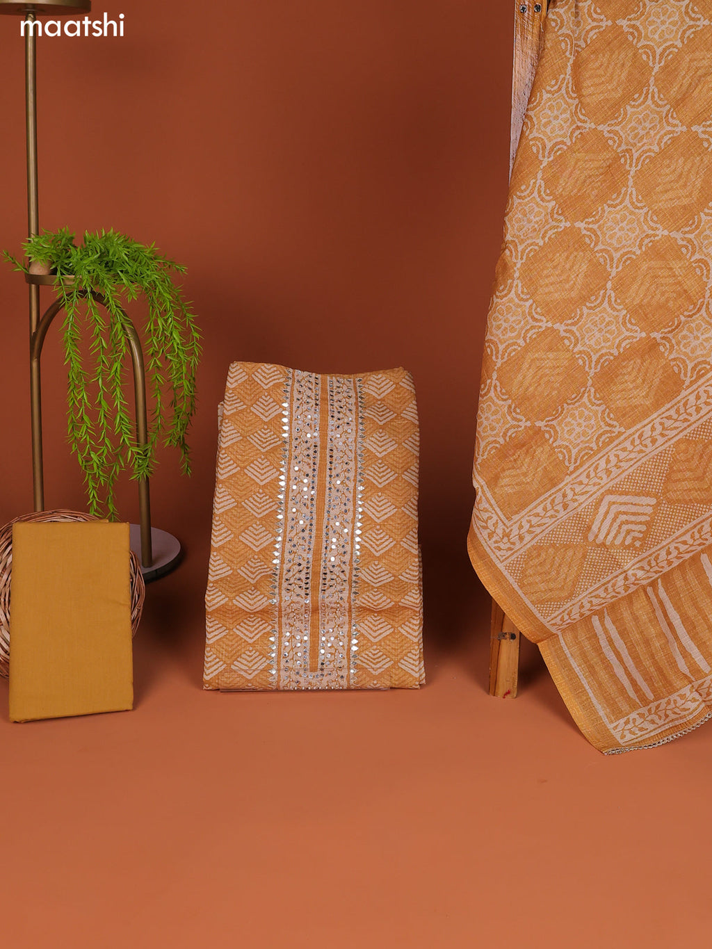 Mustard Yellow Linen Cotton Dress Material Prints & Embroidery Work Neck Pattern