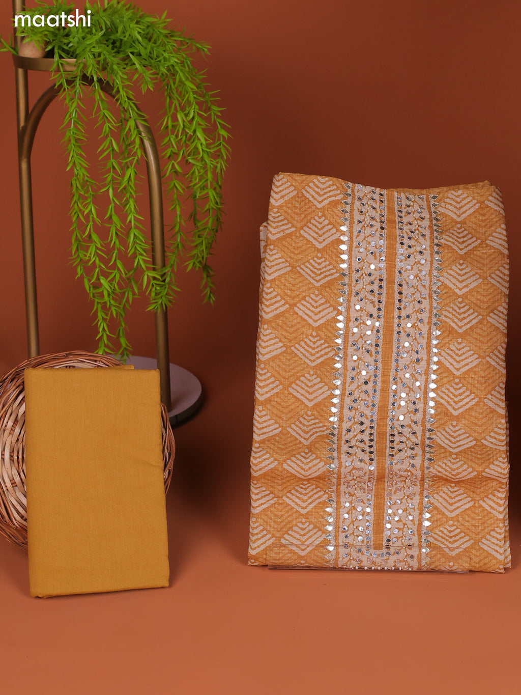 Mustard Yellow Linen Cotton Dress Material Prints & Embroidery Work Neck Pattern