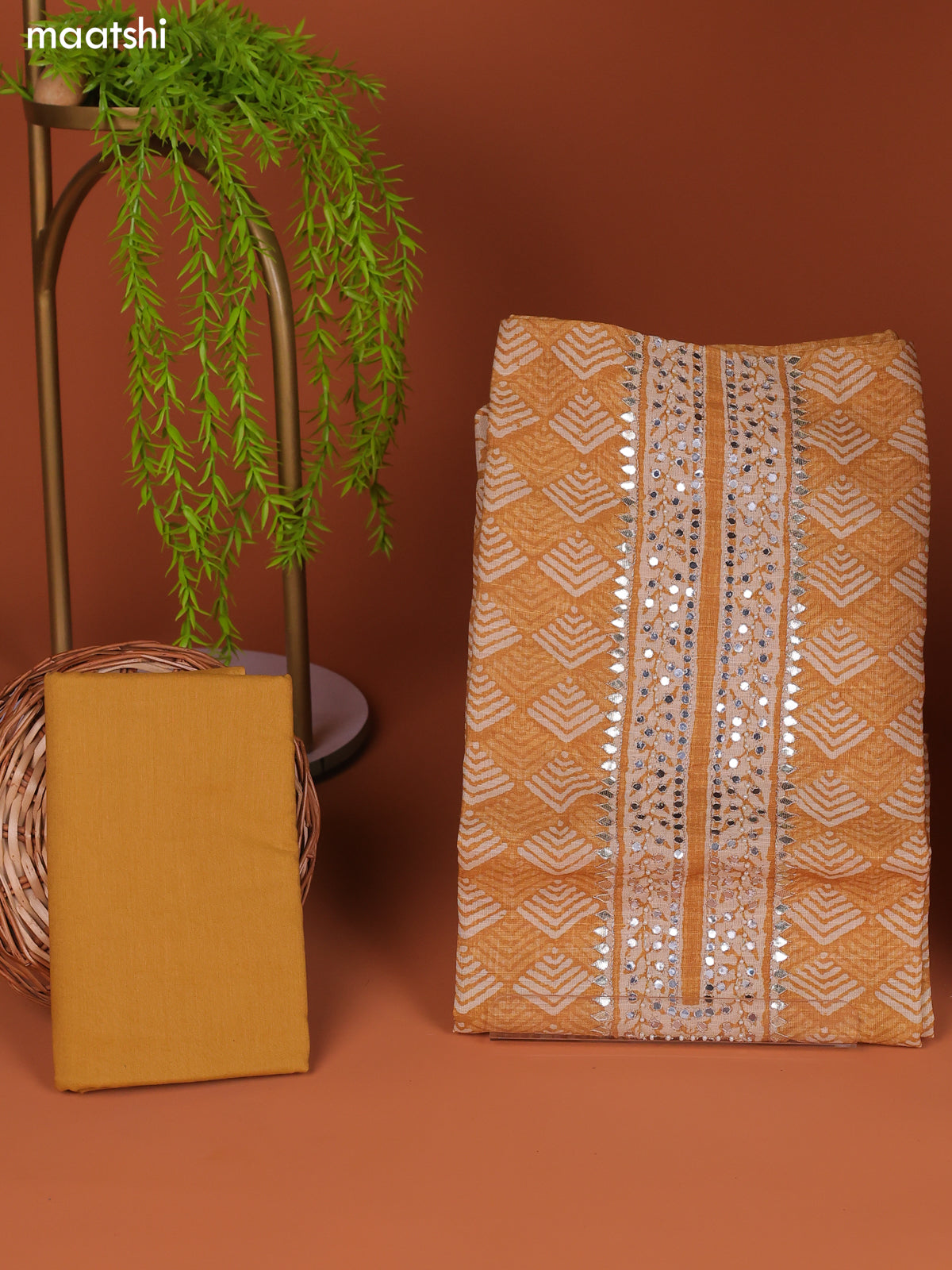 Mustard Yellow Linen Cotton Dress Material Prints & Embroidery Work Neck Pattern