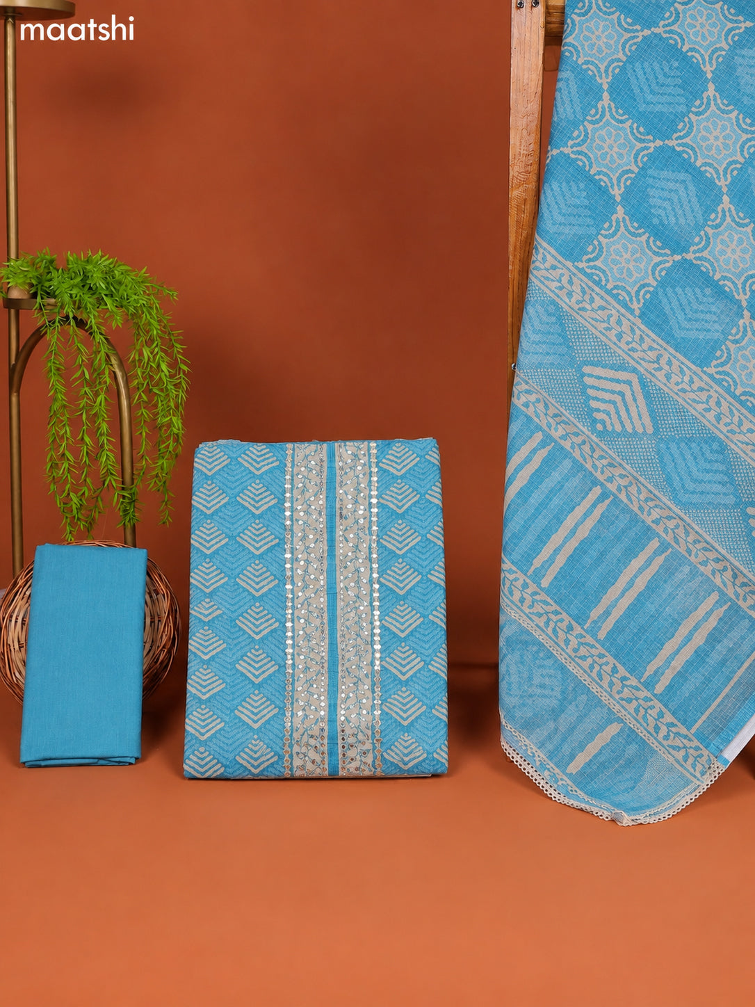 Light Blue Linen Cotton Dress Material Prints & Embroidery Work Neck Pattern