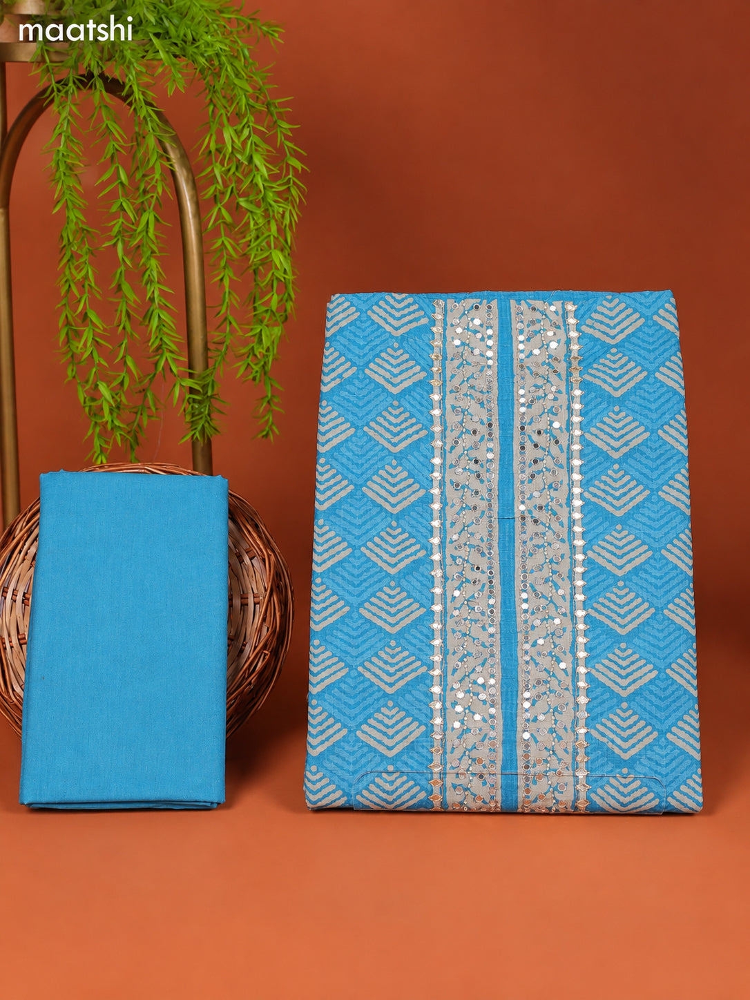 Light Blue Linen Cotton Dress Material Prints & Embroidery Work Neck Pattern