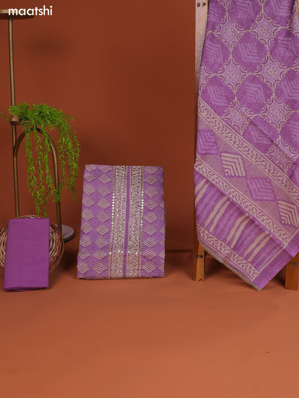 Mild Lavender Linen Cotton Dress Material Prints & Embroidery Work Neck Pattern