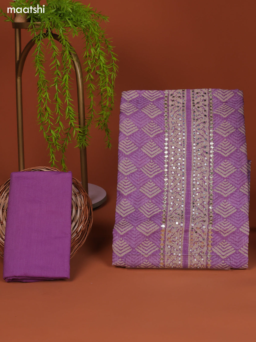 Mild Lavender Linen Cotton Dress Material Prints & Embroidery Work Neck Pattern