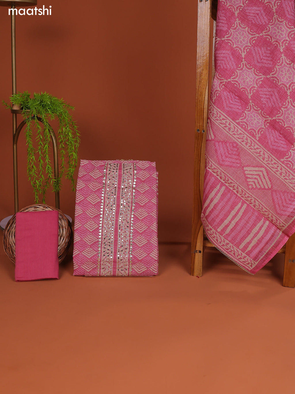 Pink Linen Cotton Dress Material Prints & Embroidery Work Neck Pattern