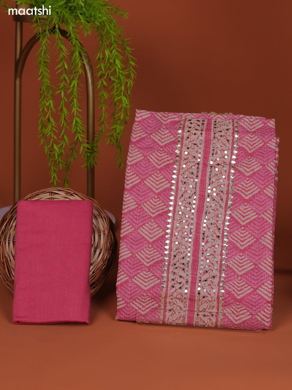 Pink Linen Cotton Dress Material Prints & Embroidery Work Neck Pattern