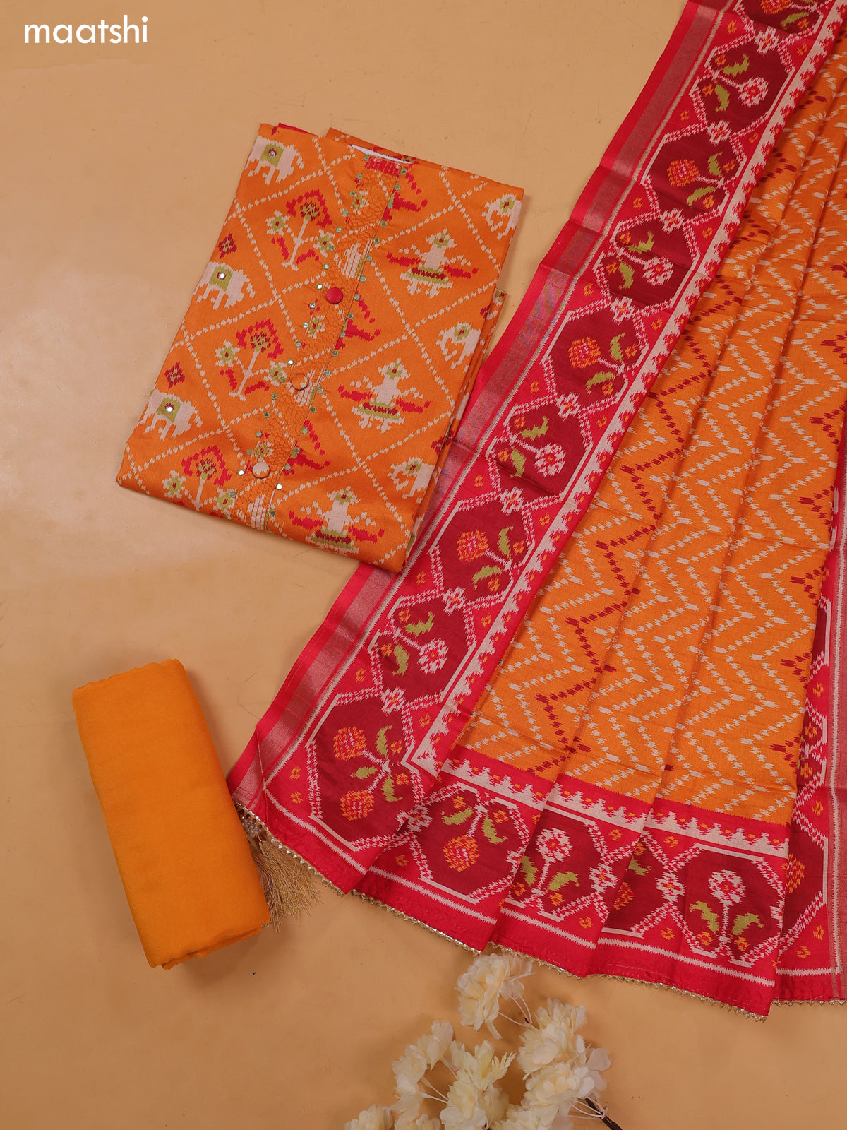 Orange Art Tussar Dress Material With Ikat Prints and Bottom & Dupatta