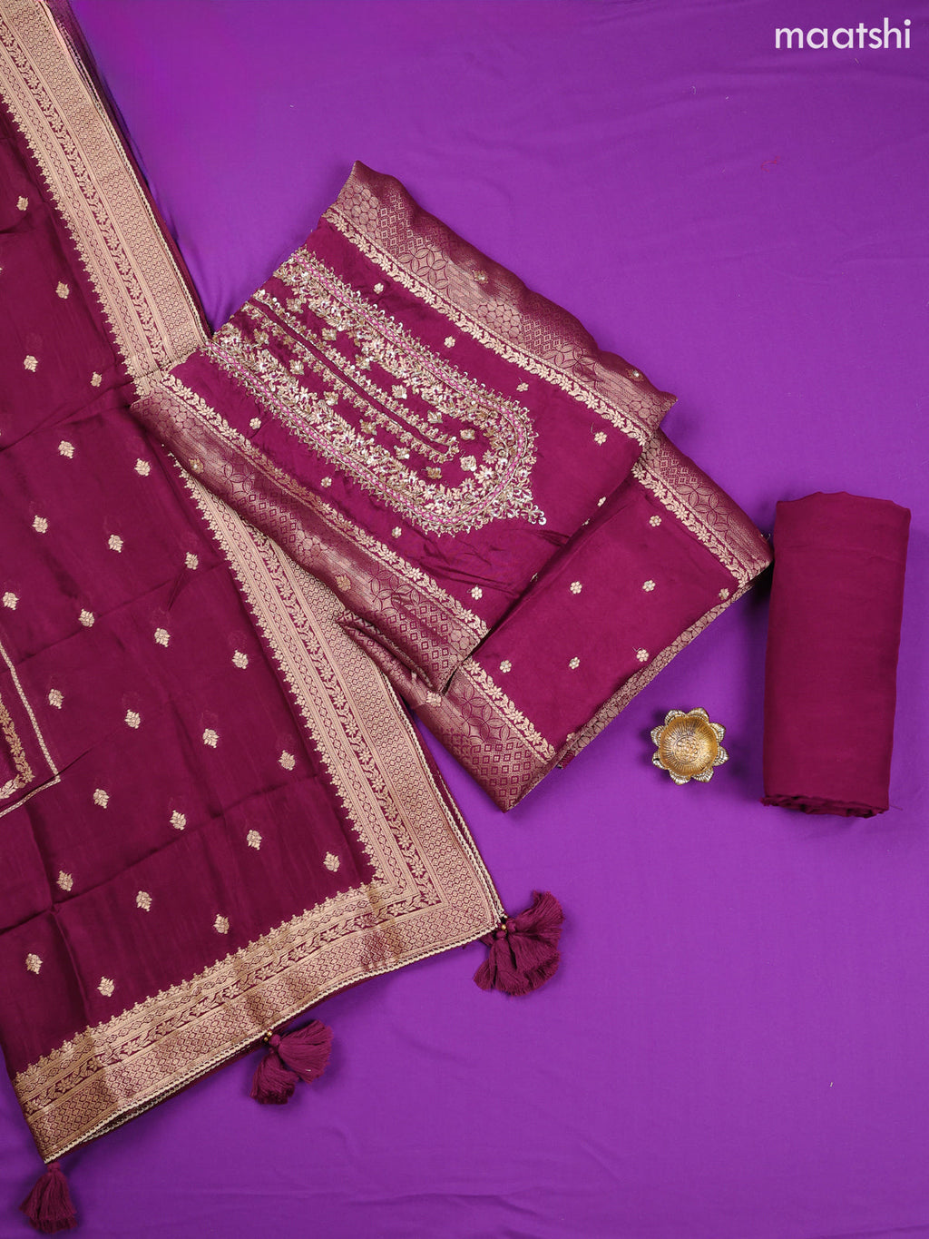 Lavender Banarasi Silk Dress Material With Allover Zari Weaves and Bottom & Dupatta