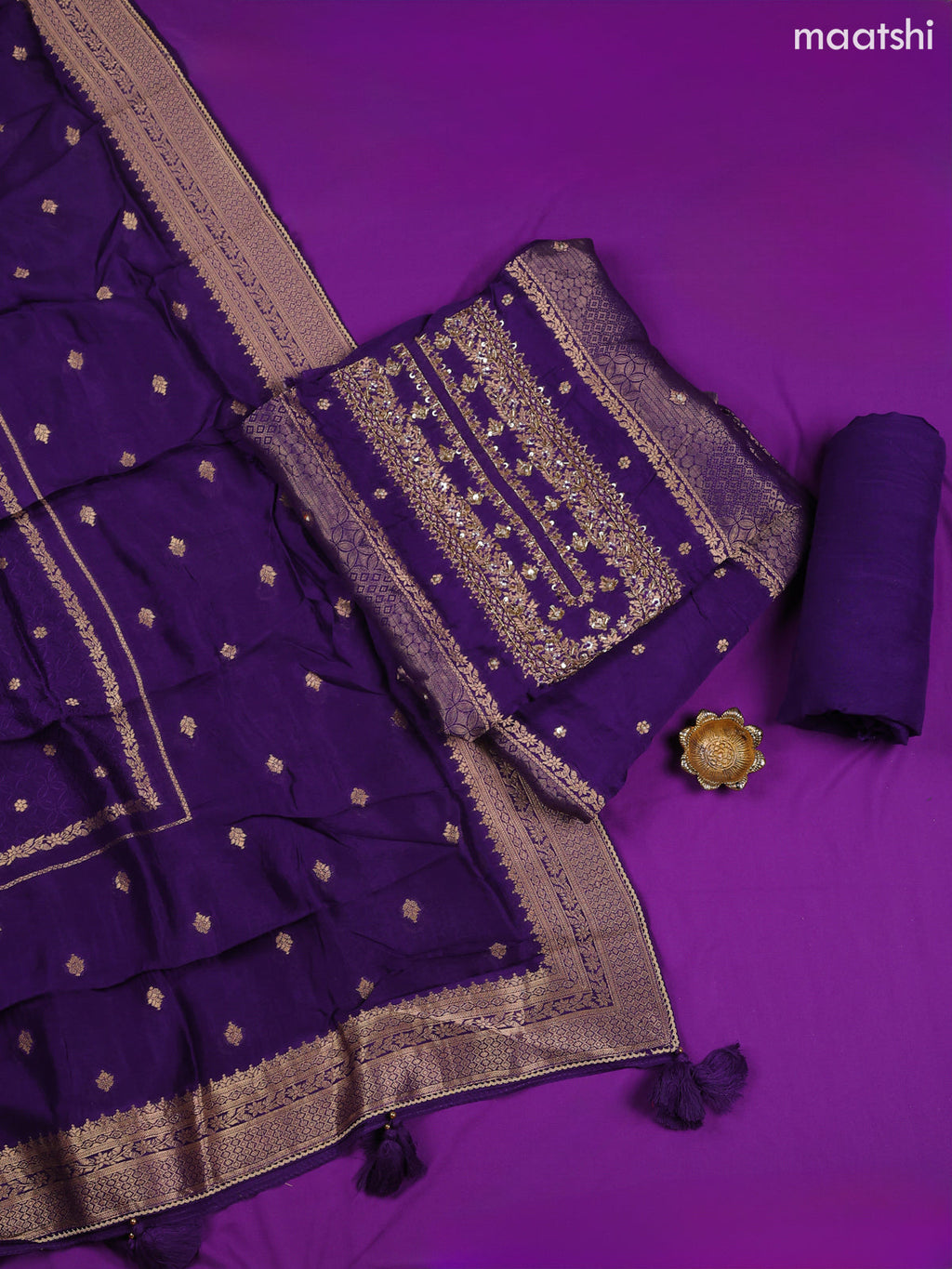 Violet Banarasi Silk Dress Material With Allover Zari Weaves and Bottom & Dupatta