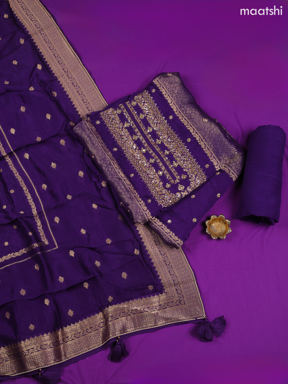 Violet Banarasi Silk Dress Material With Allover Zari Weaves and Bottom & Dupatta