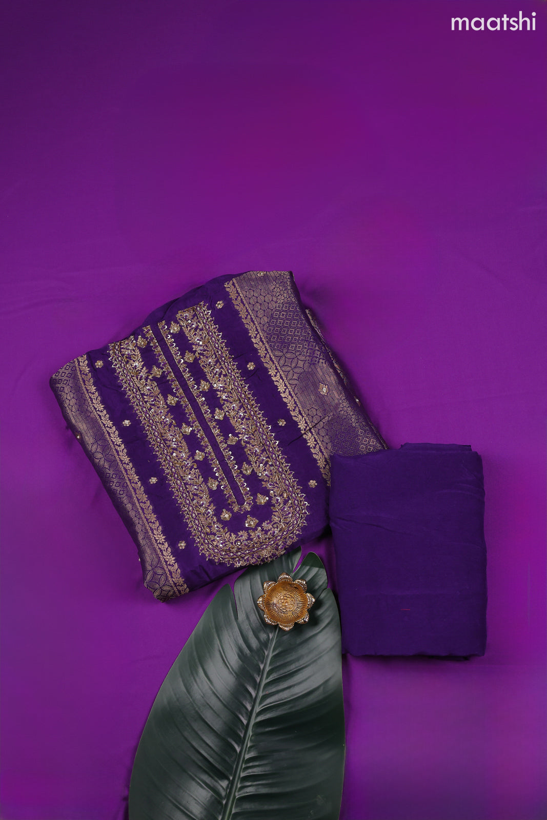 Violet Banarasi Silk Dress Material With Allover Zari Weaves and Bottom & Dupatta