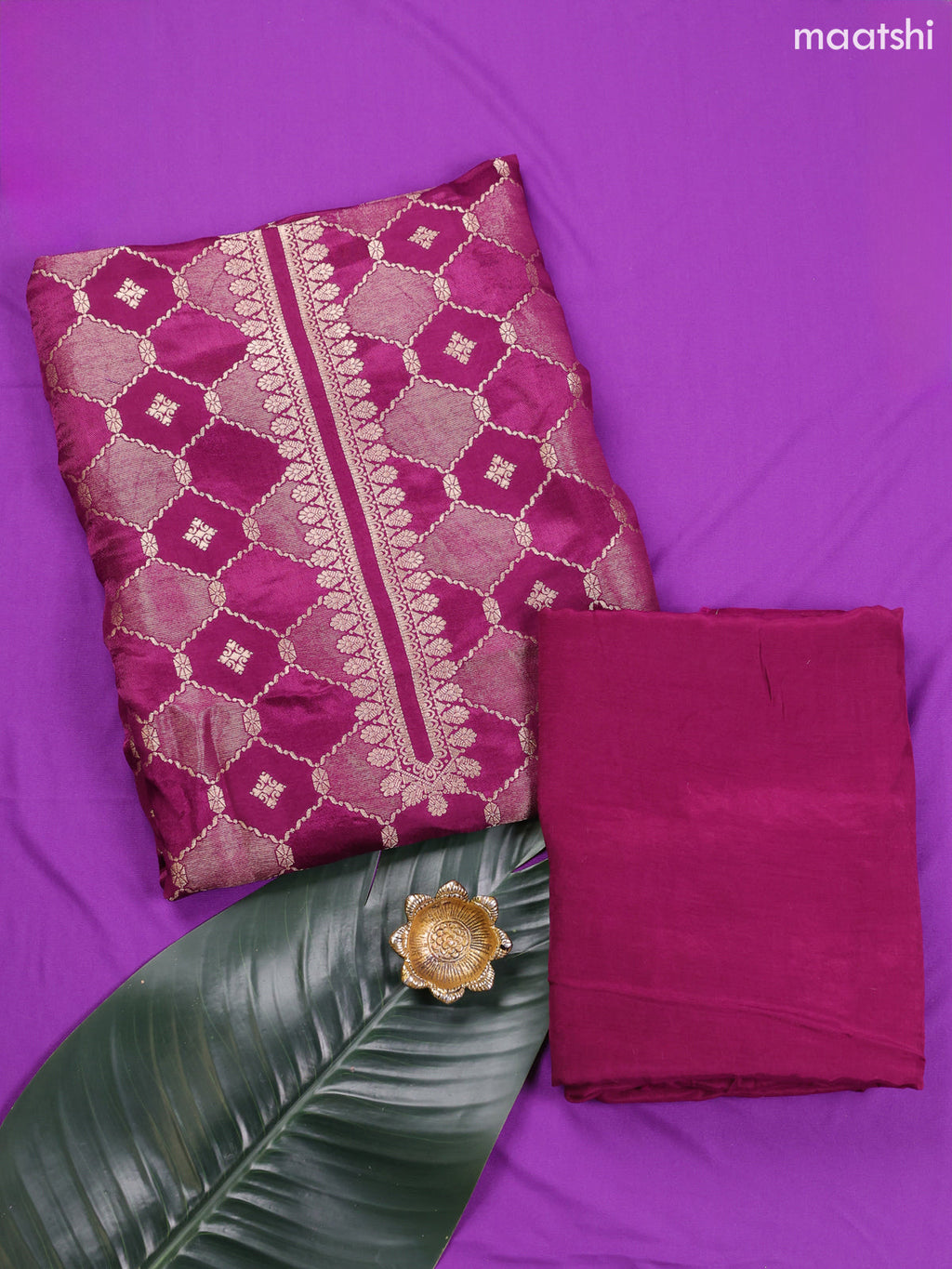 Violet Banarasi Silk Dress Material With Allover Zari Weaves and Bottom & Dupatta