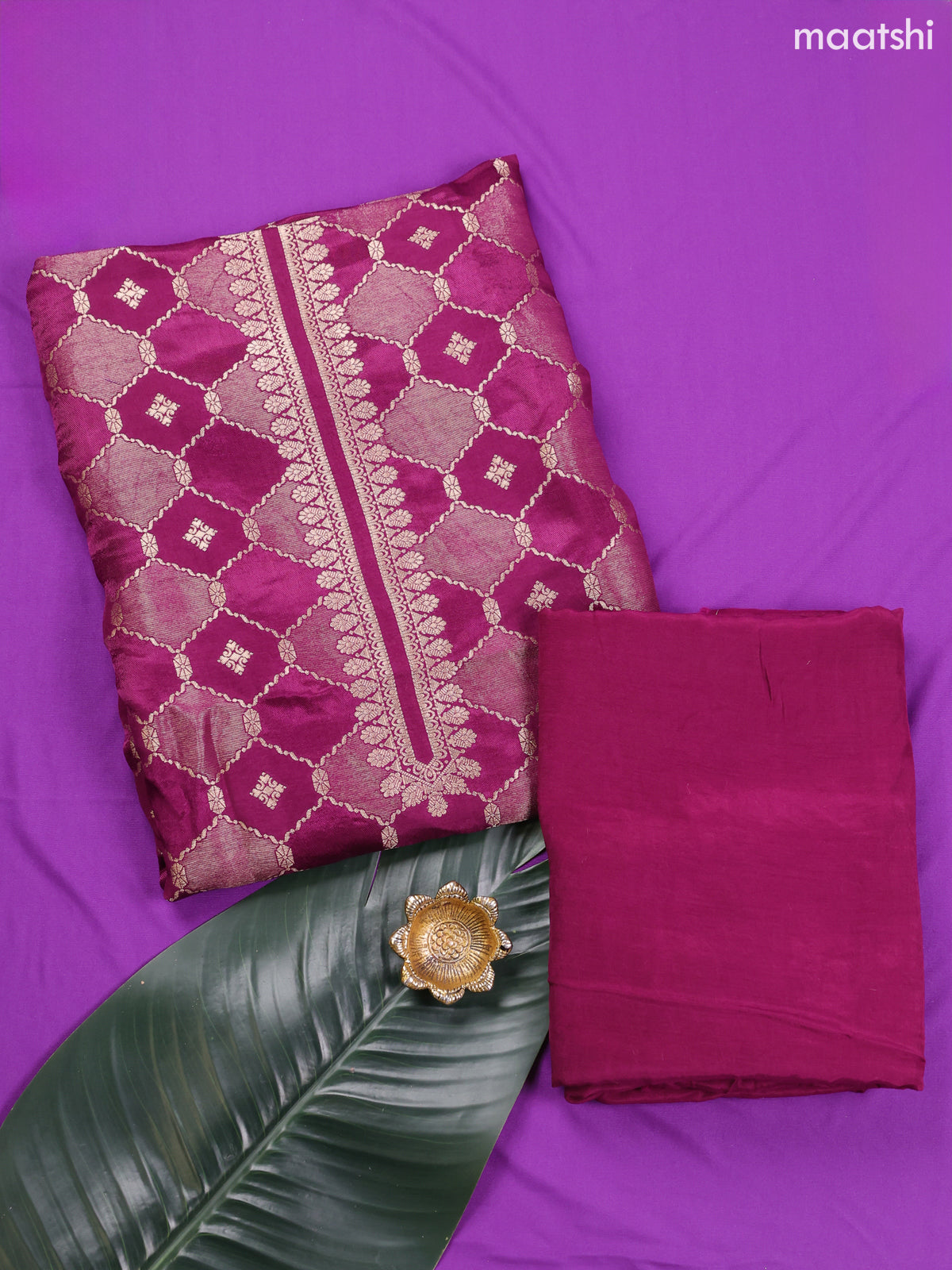 Violet Banarasi Silk Dress Material With Allover Zari Weaves and Bottom & Dupatta