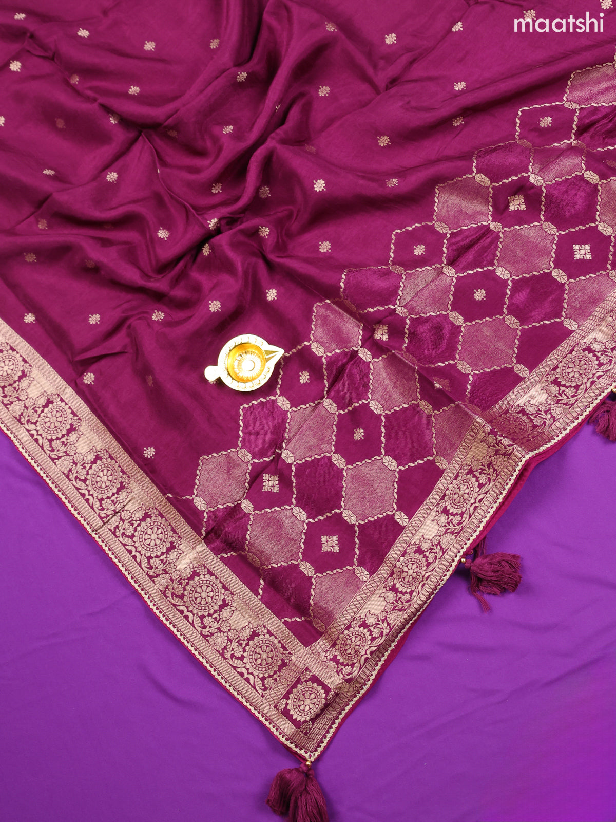 Violet Banarasi Silk Dress Material With Allover Zari Weaves and Bottom & Dupatta
