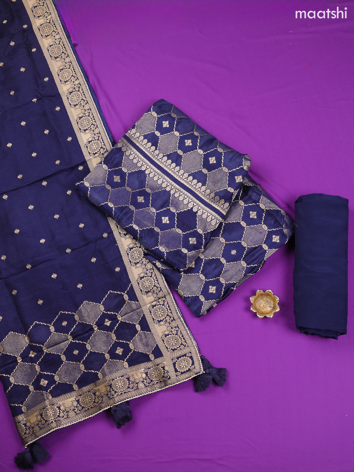 Navy Blue Banarasi Silk Dress Material With Allover Zari Weaves and Bottom & Dupatta
