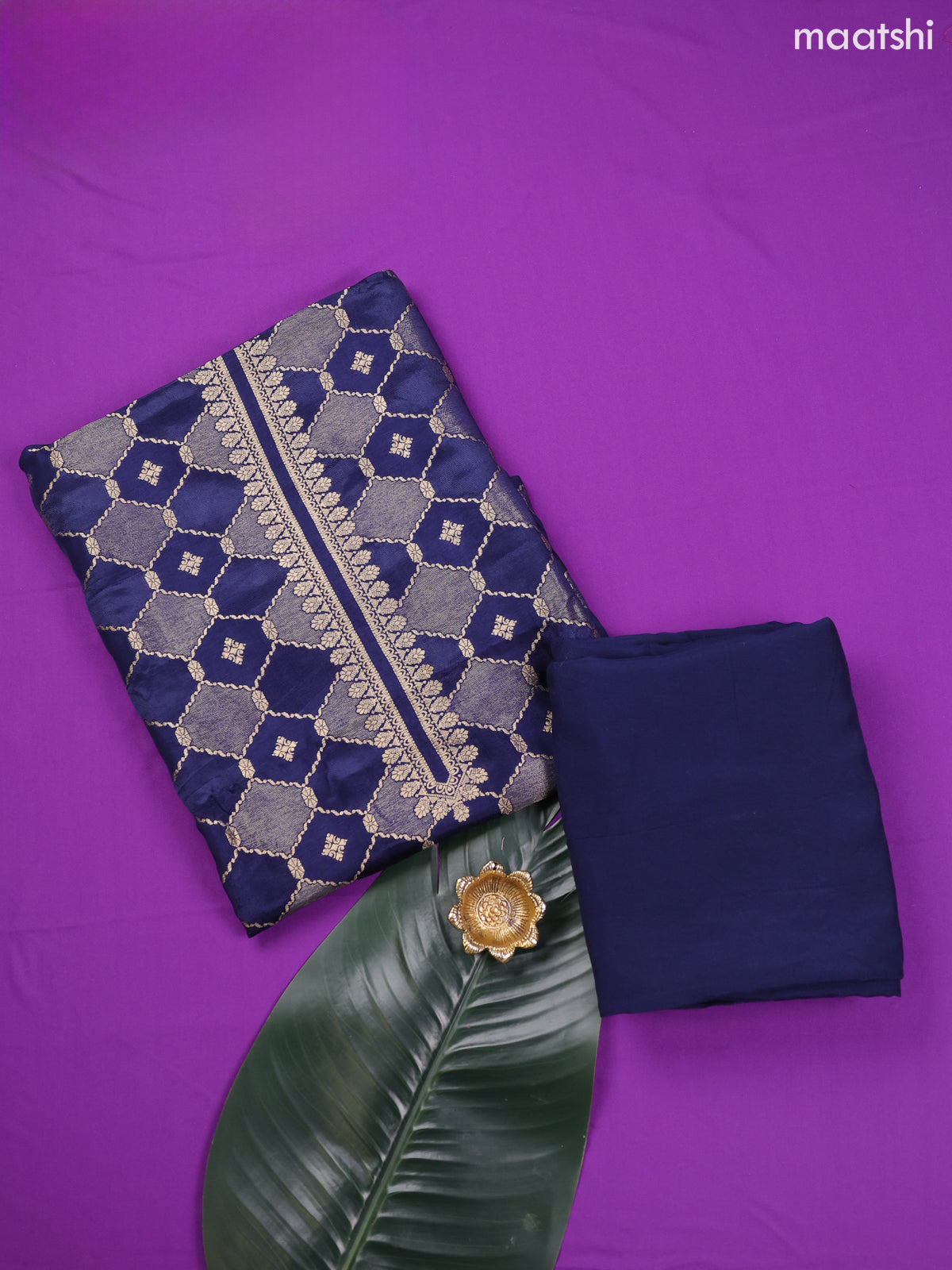 Navy Blue Banarasi Silk Dress Material With Allover Zari Weaves and Bottom & Dupatta