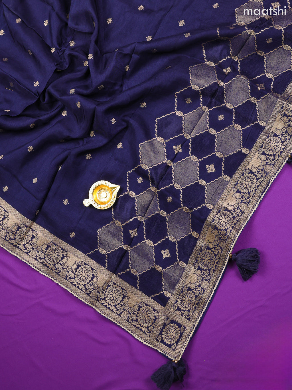 Navy Blue Banarasi Silk Dress Material With Allover Zari Weaves and Bottom & Dupatta