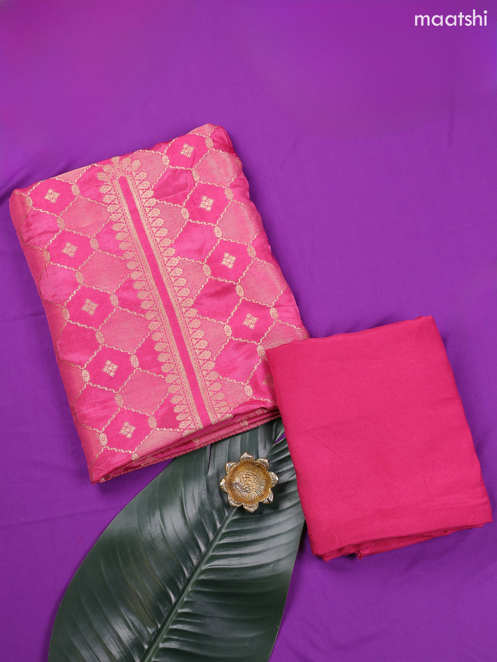 Pink Banarasi Silk Dress Material With Allover Zari Weaves and Bottom & Dupatta