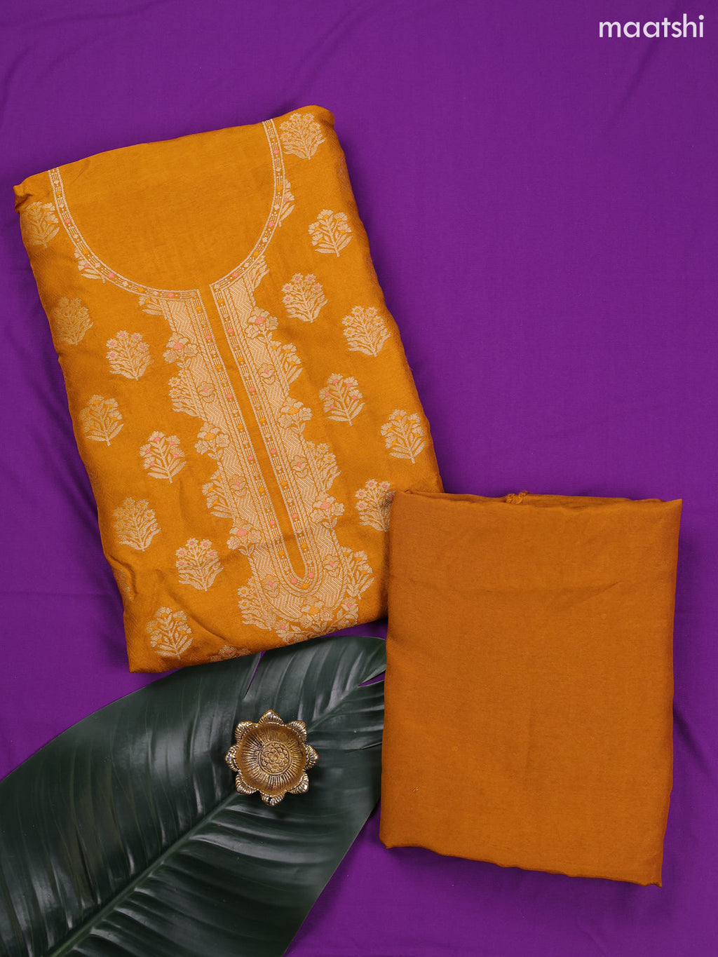 Mustard Yellow Banarasi Silk Dress Material With Allover Zari Weaves and Bottom & Dupatta