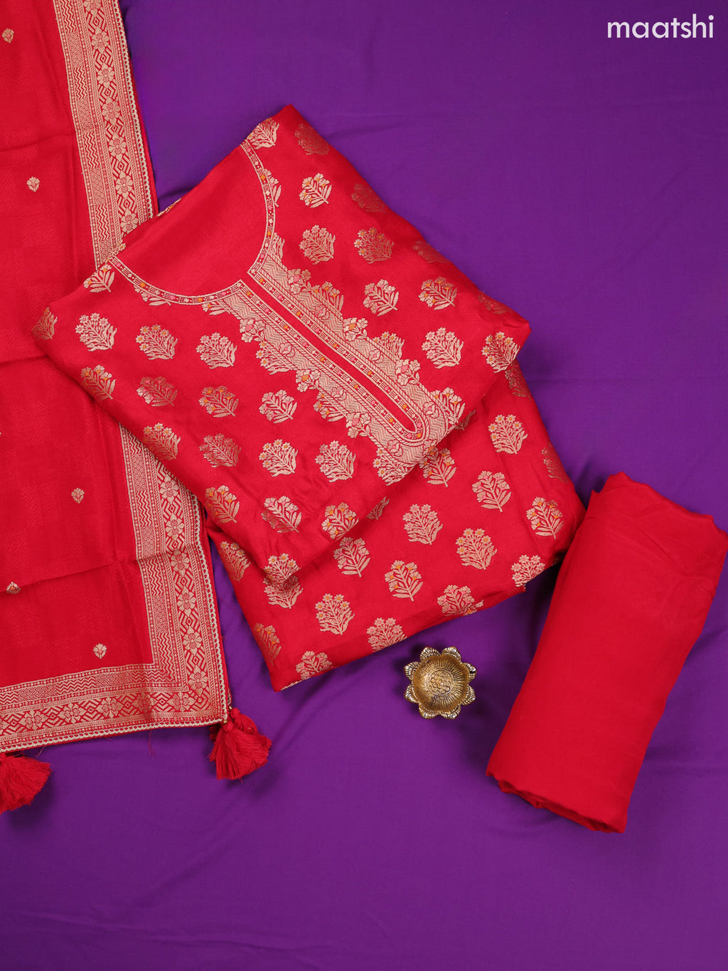 Red Banarasi Silk Dress Material With Allover Zari Weaves and Bottom & Dupatta