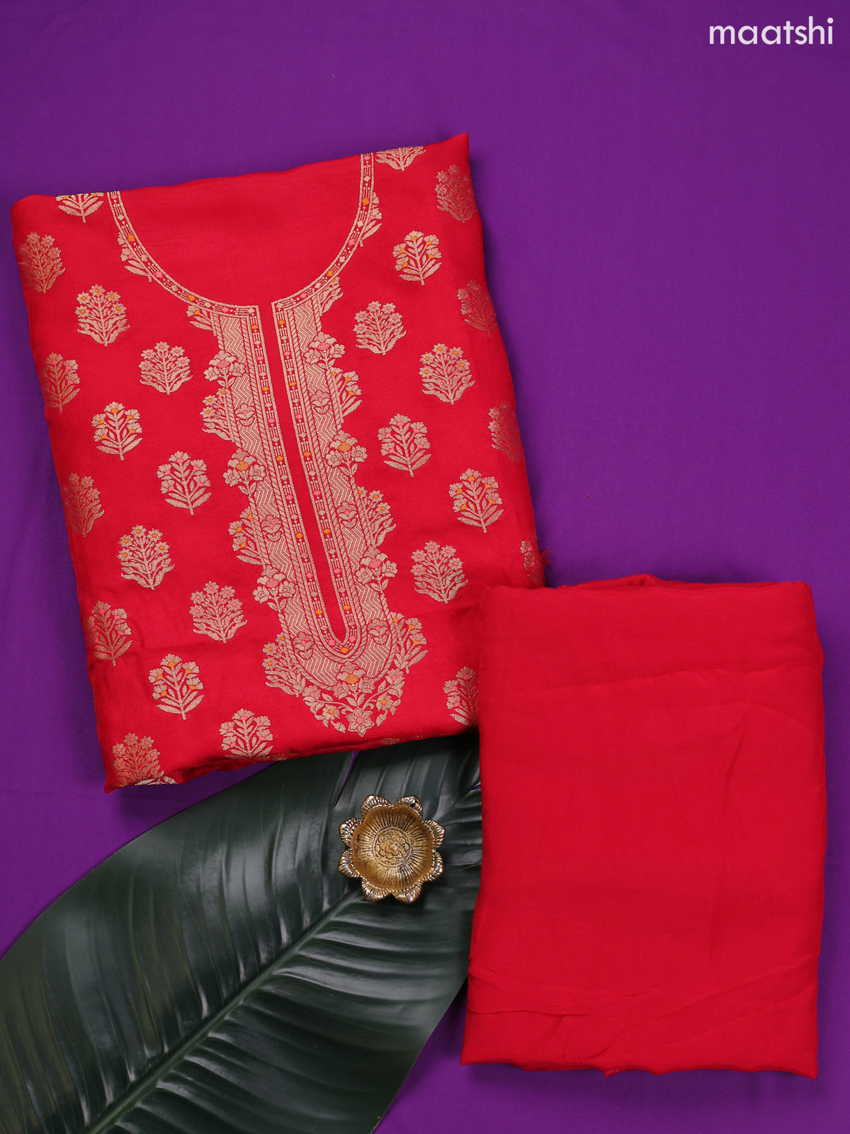Red Banarasi Silk Dress Material With Allover Zari Weaves and Bottom & Dupatta