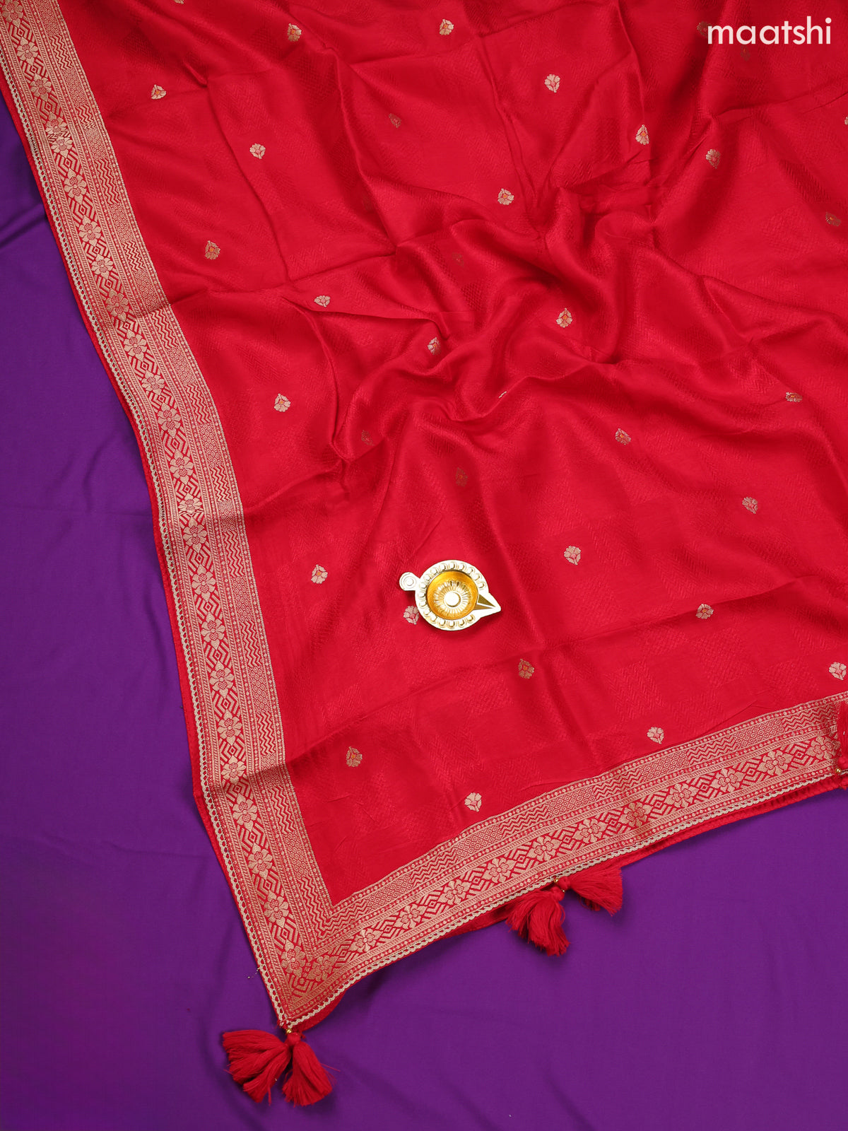 Red Banarasi Silk Dress Material With Allover Zari Weaves and Bottom & Dupatta