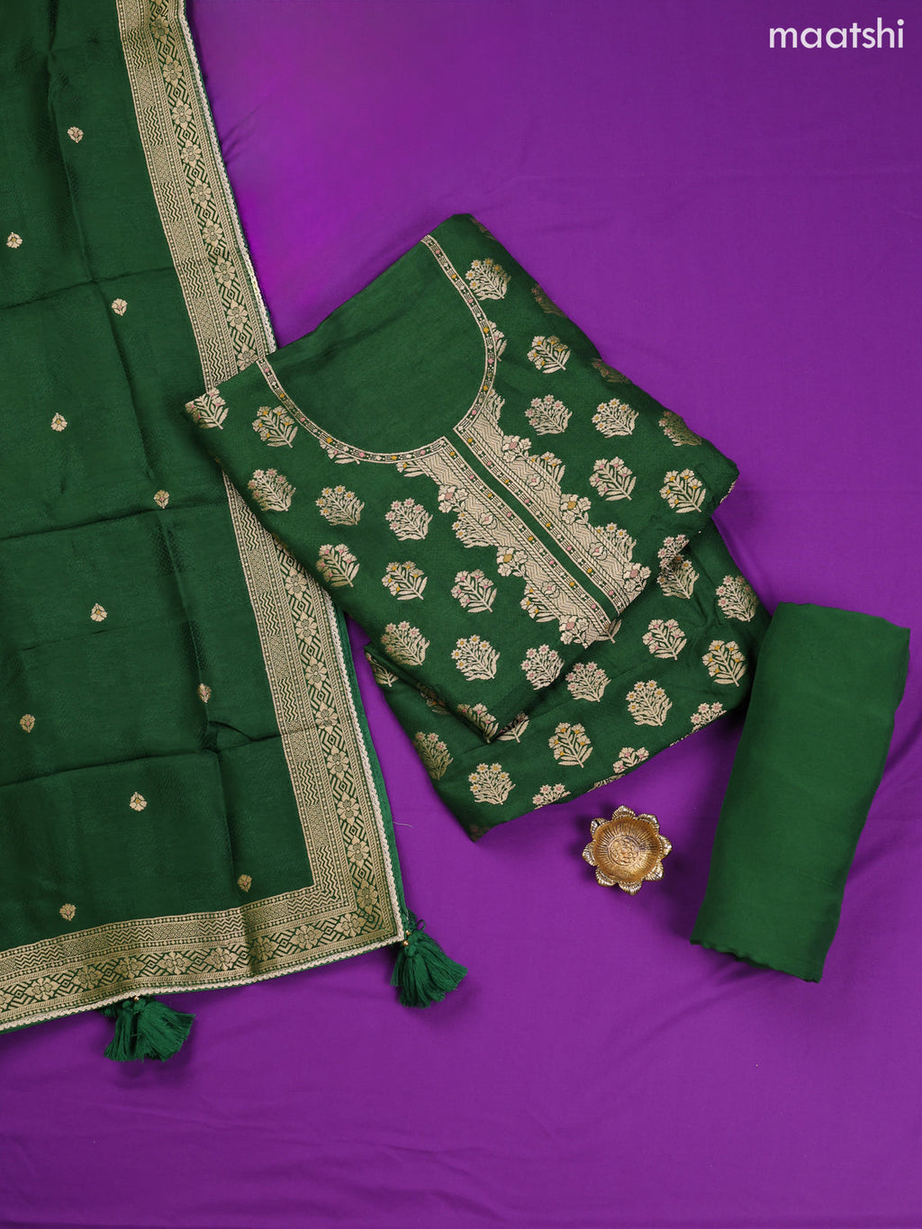 Green Banarasi Silk Dress Material With Allover Zari Weaves and Bottom & Dupatta