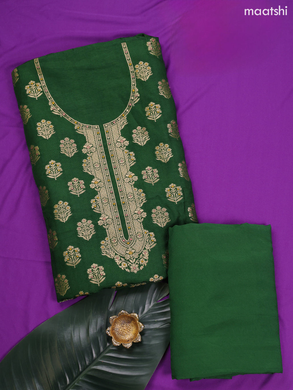 Green Banarasi Silk Dress Material With Allover Zari Weaves and Bottom & Dupatta