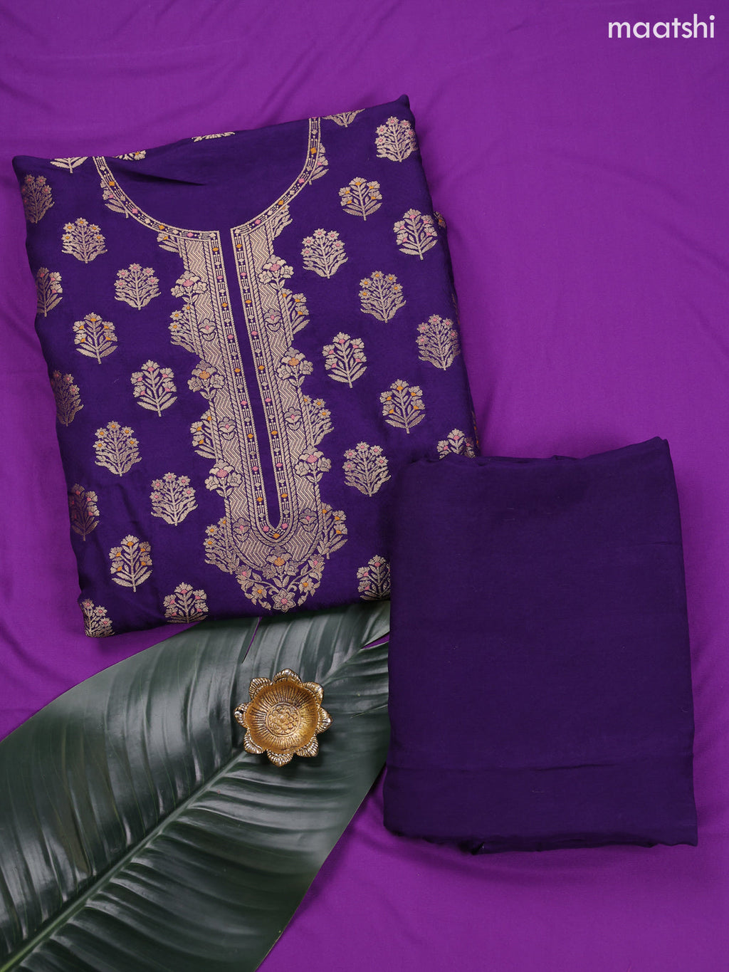 Violet Banarasi Silk Dress Material With Allover Zari Weaves and Bottom & Dupatta