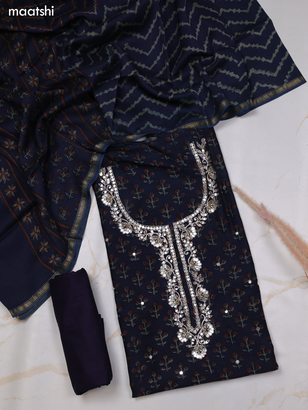 Dark Blue Chanderi Dress Material With Prints & Embroidery Work and Bottom & Dupatta