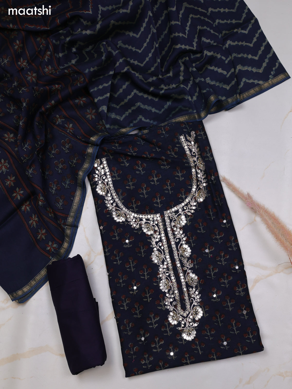 Dark Blue Chanderi Dress Material With Prints & Embroidery Work and Bottom & Dupatta