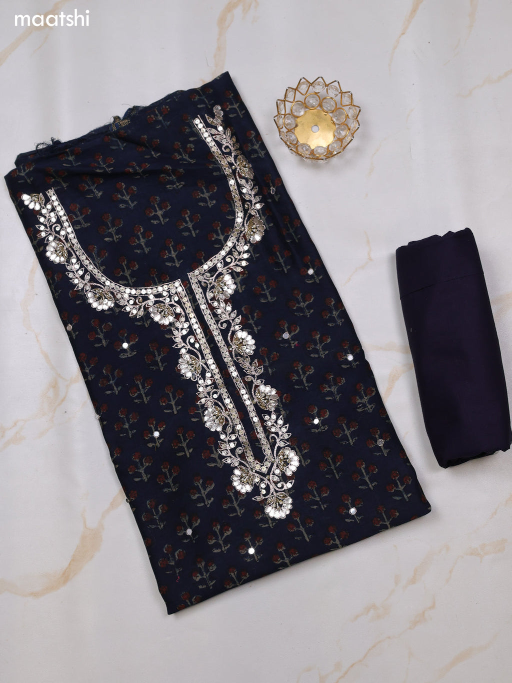 Dark Blue Chanderi Dress Material With Prints & Embroidery Work and Bottom & Dupatta