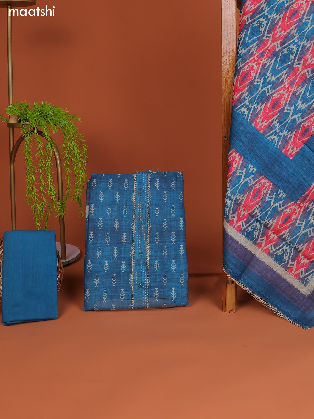 Teal Blue Linen Cotton Dress Material With Printed & Embroidery Work Neck Pattern