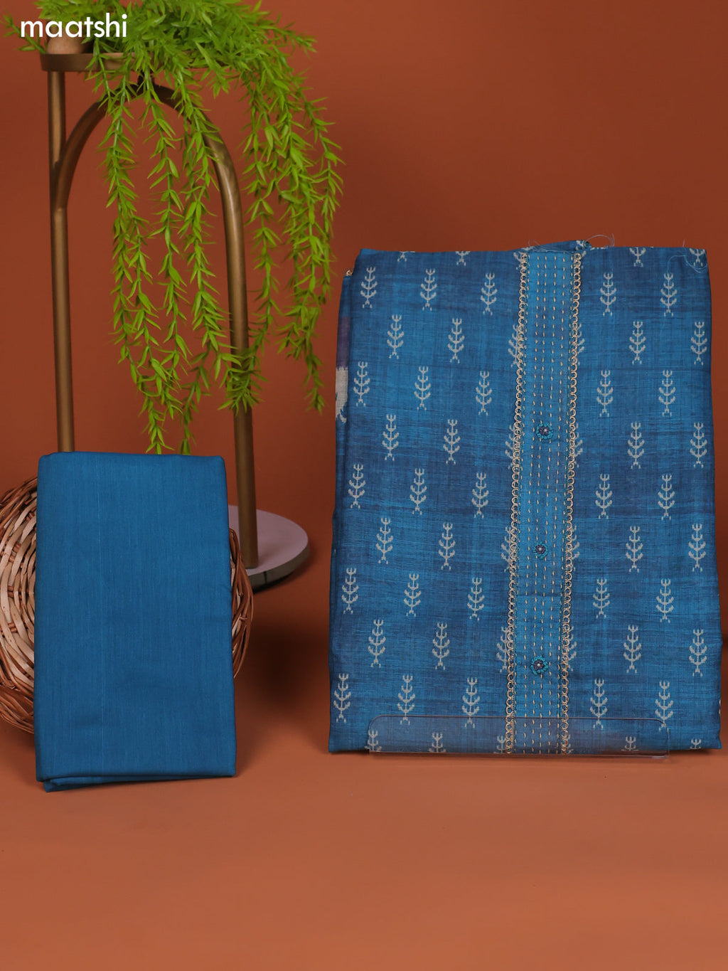 Teal Blue Linen Cotton Dress Material With Printed & Embroidery Work Neck Pattern