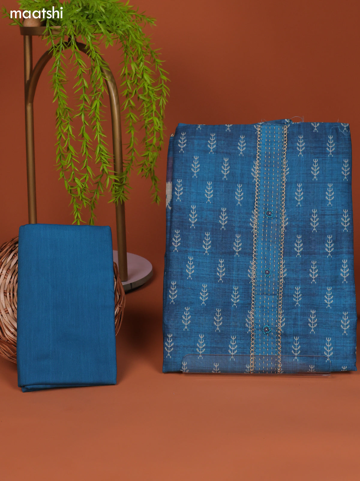 Teal Blue Linen Cotton Dress Material With Printed & Embroidery Work Neck Pattern