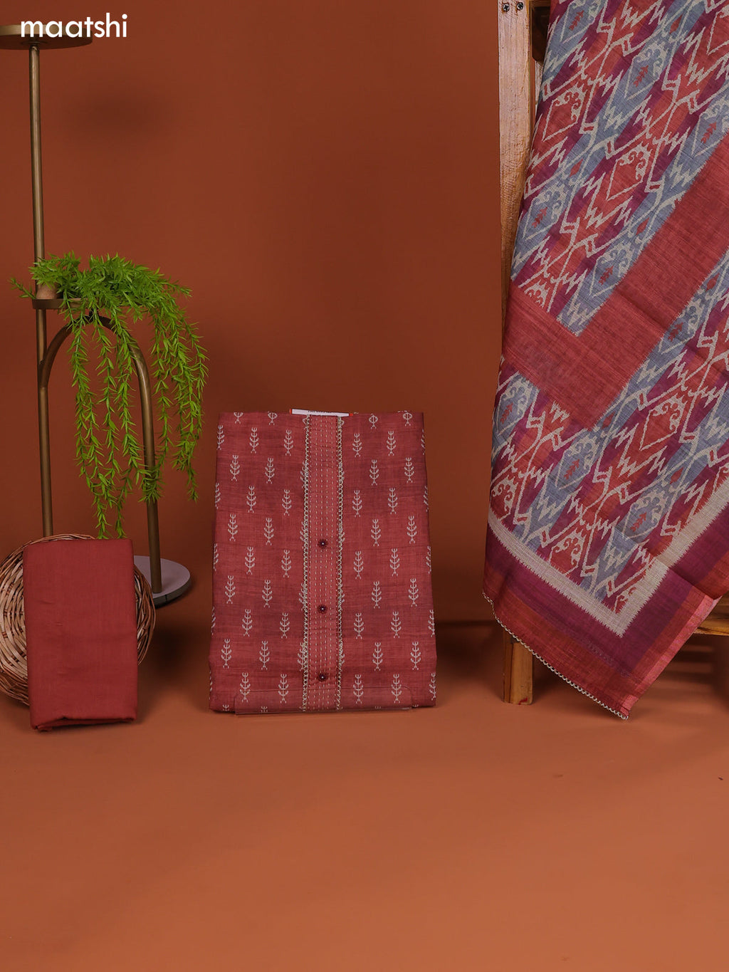 Pastel Brown Linen Cotton Dress Material With Printed & Embroidery Work Neck Pattern
