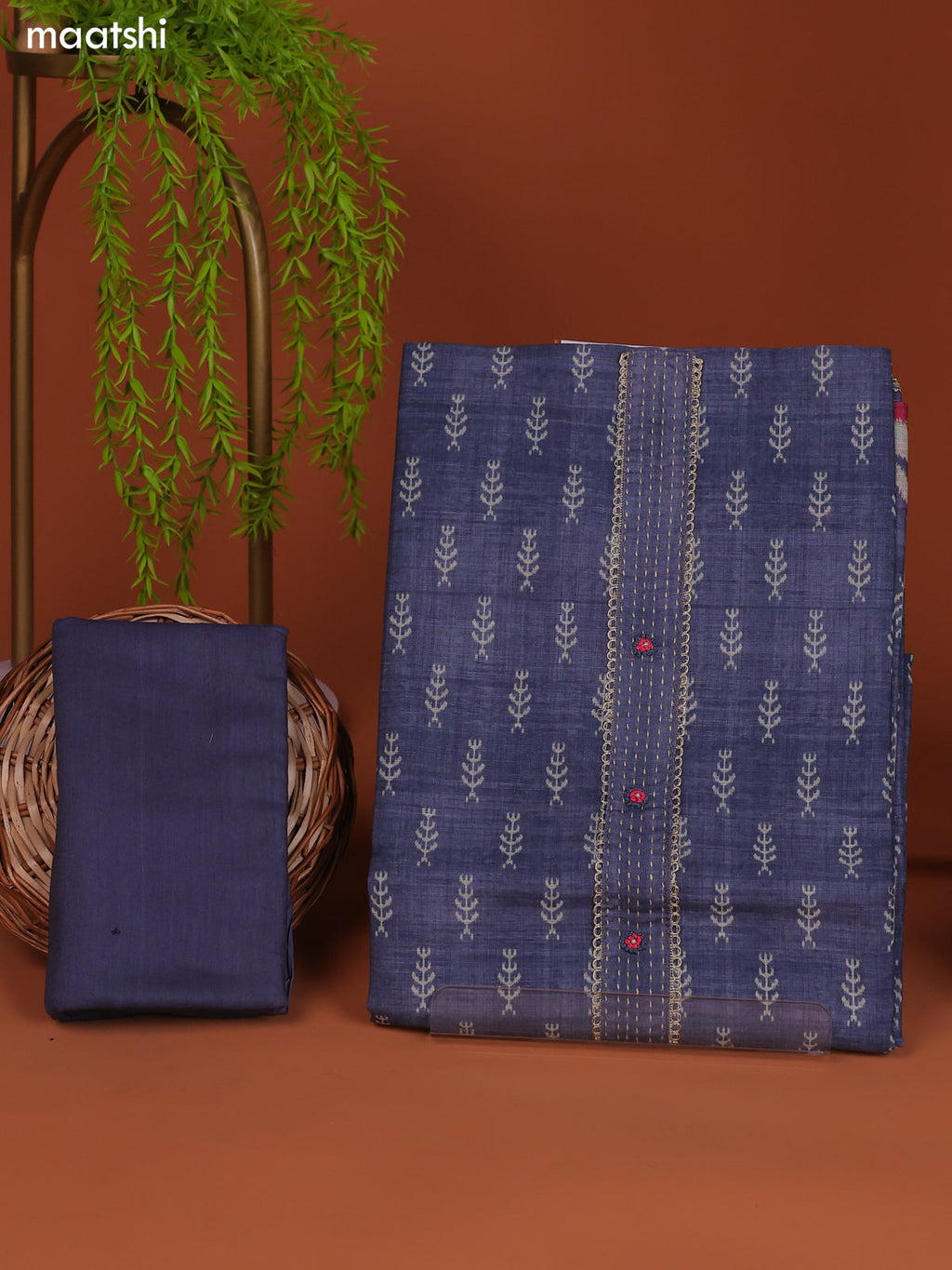 Bluish Grey Linen Cotton Dress Material With Printed & Embroidery Work Neck Pattern