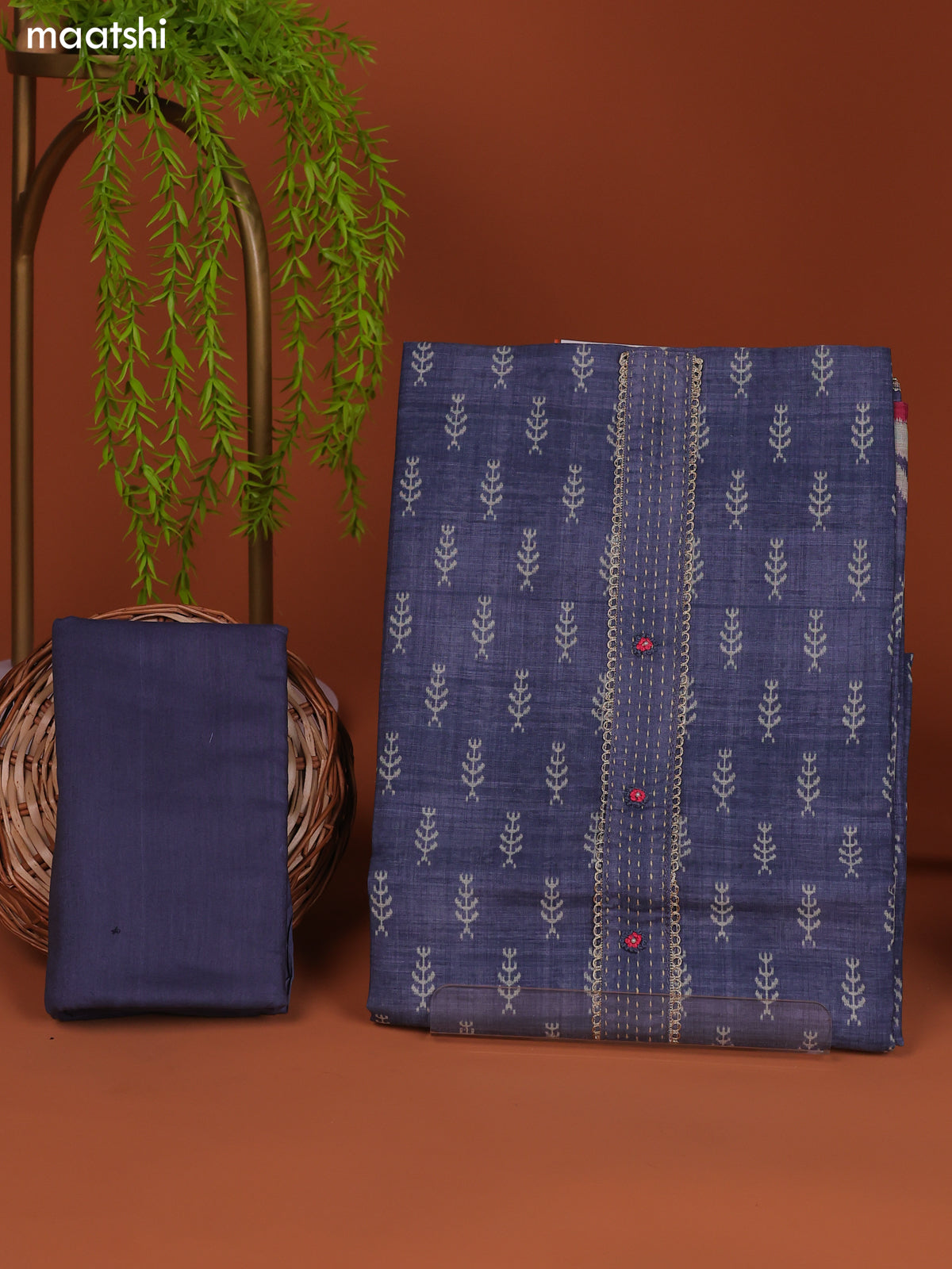 Bluish Grey Linen Cotton Dress Material With Printed & Embroidery Work Neck Pattern