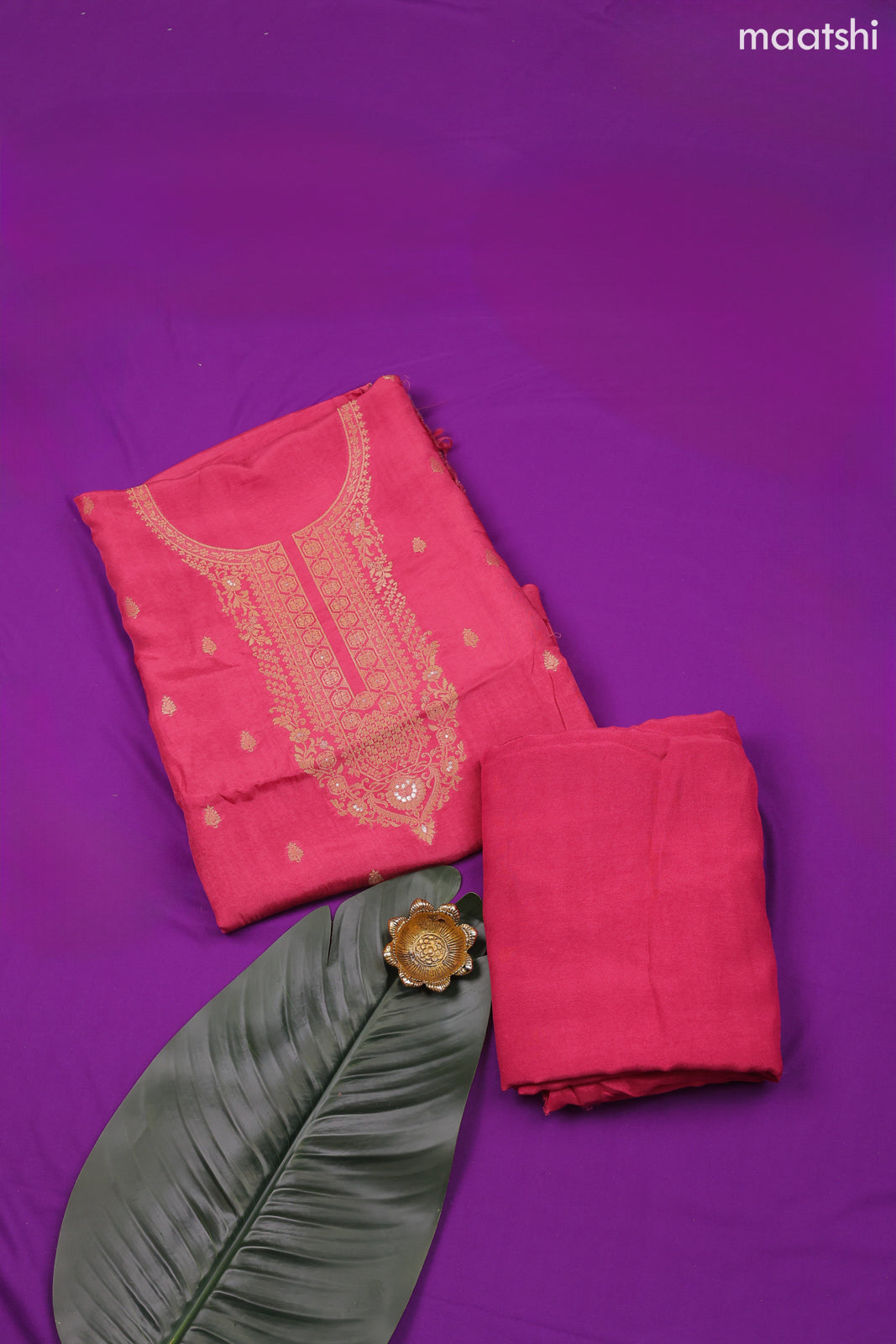 Pink Banarasi Silk Dress Material With Zari Work Neck Pattern and Bottom & Dupatta