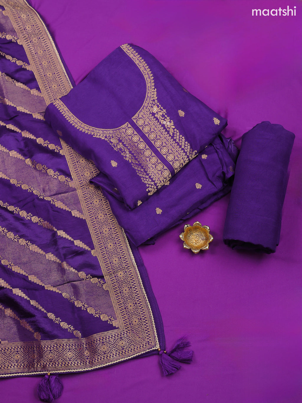 Purple Banarasi Silk Dress Material With Zari Work Neck Pattern and Bottom & Dupatta