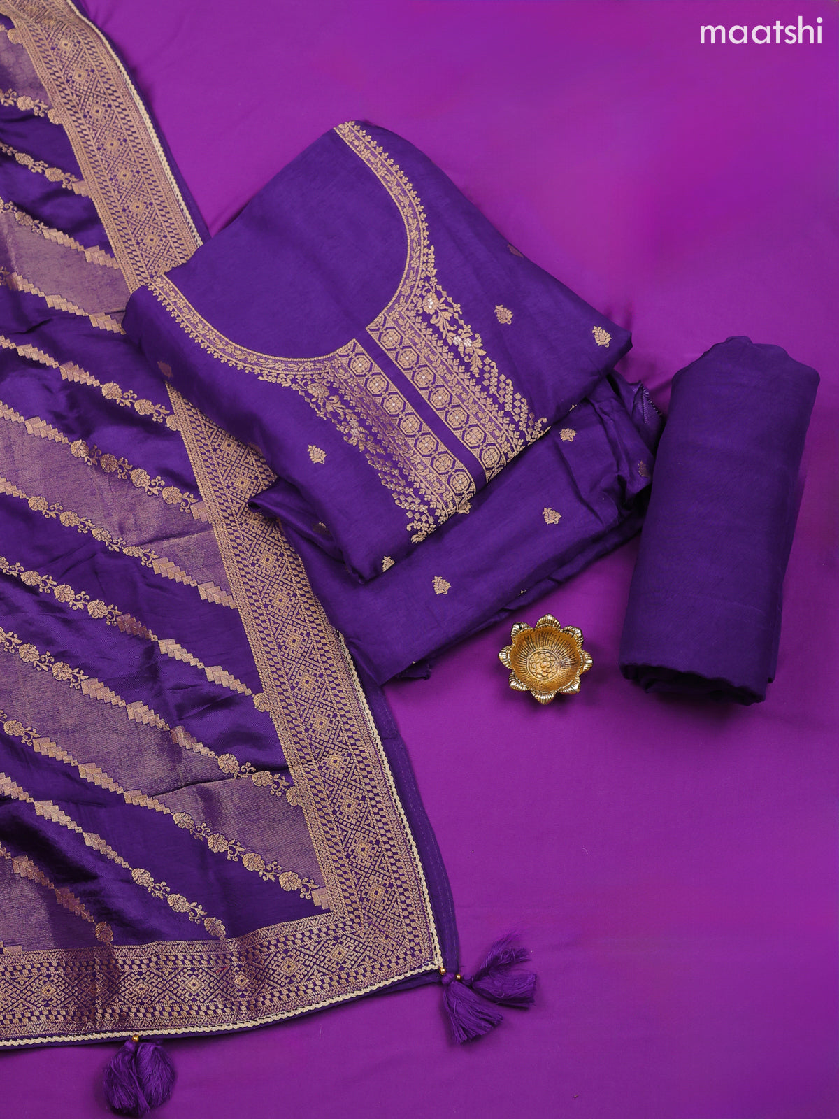 Purple Banarasi Silk Dress Material With Zari Work Neck Pattern and Bottom & Dupatta