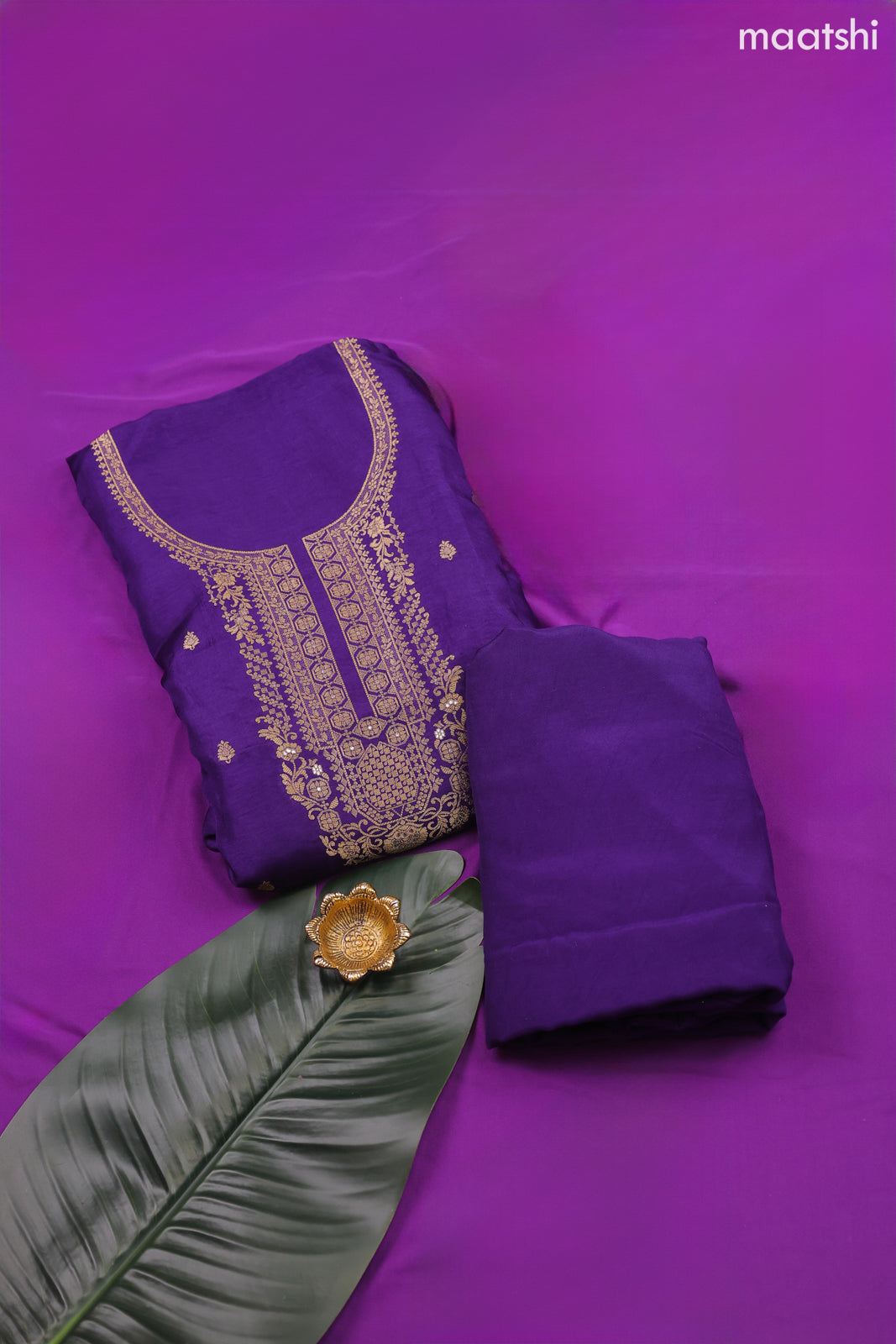 Purple Banarasi Silk Dress Material With Zari Work Neck Pattern and Bottom & Dupatta